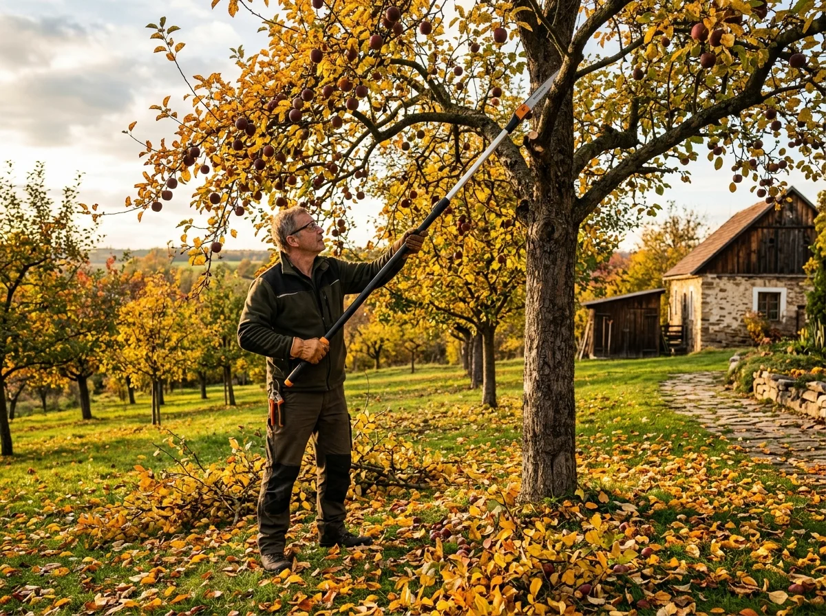 Ovocný strom na podzimní zahradě